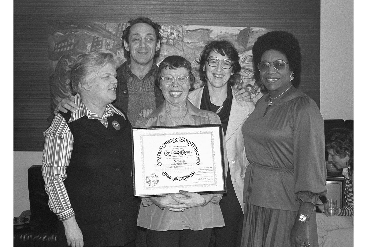 Del Martin and Phyllis Lyon receive a Certificate of Honor from supervisors Harvey Milk, Carol Ruth Silver, and Ella Hill Hutch  January 1978