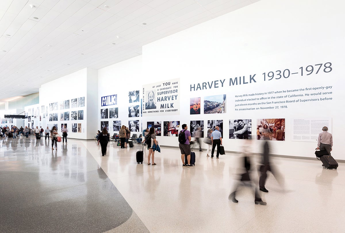Temporary exhibition of Harvey Milk: Messenger of Hope on the construction wall of Harvey Milk Terminal 1, San Francisco International Airport  July 24, 2019