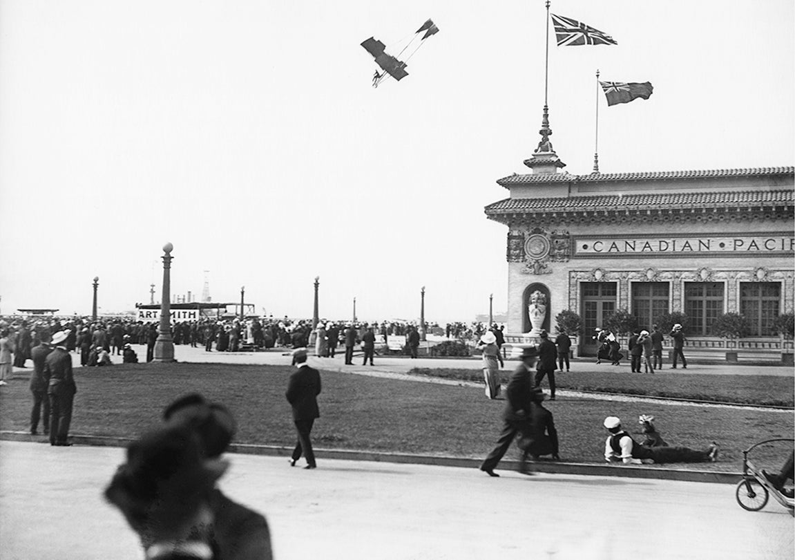 Art Smith performing a dive in his biplane at the Panama-Pacific International Exposition, San Francisco  1915