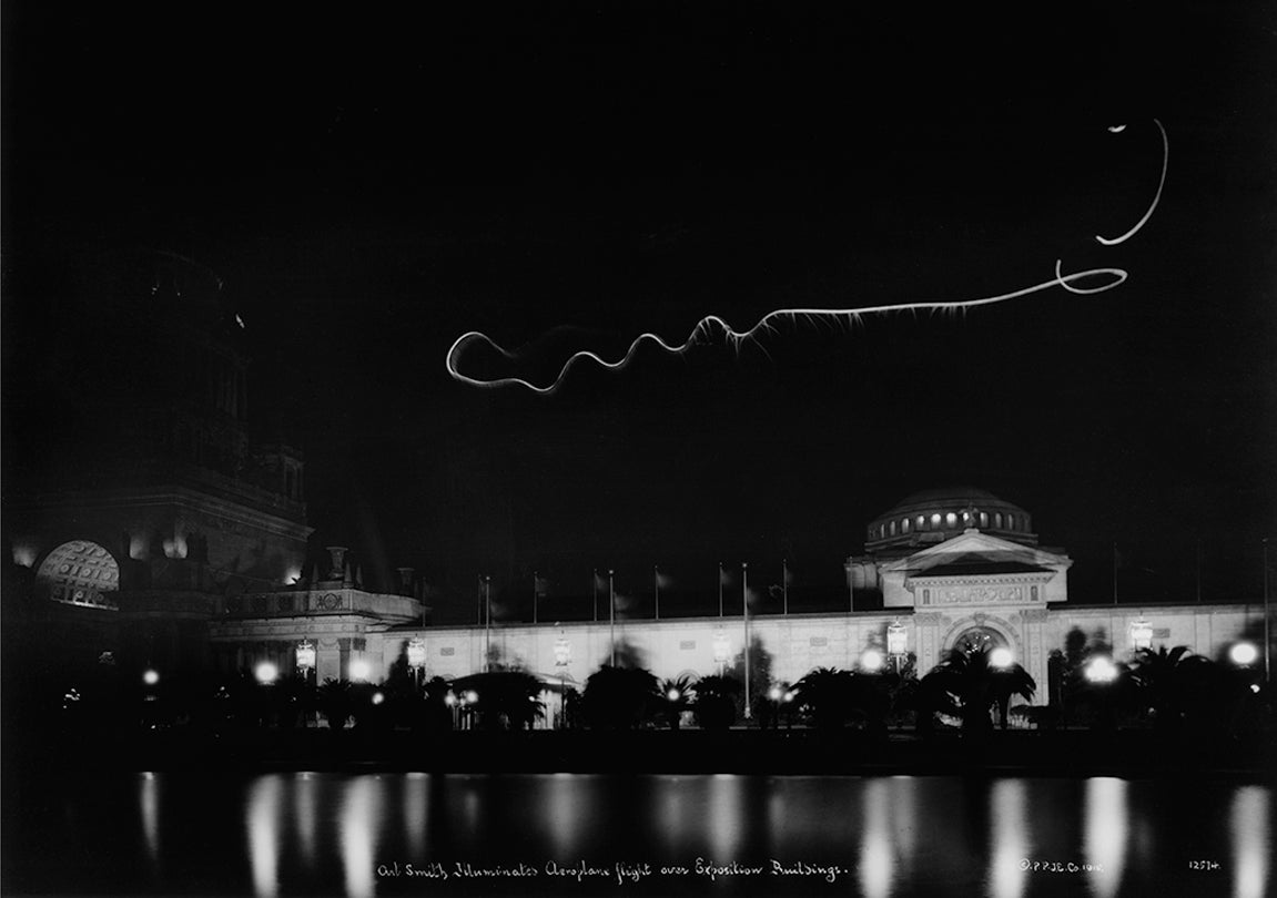 Art Smith performing an illuminated night flight at the Panama-Pacific International Exposition, San Francisco  1915