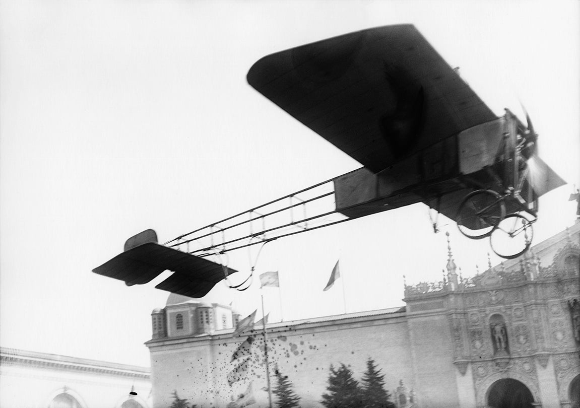 Charles Niles taking off from the North Gardens in his monoplane at the Panama-Pacific International Exposition, San Francisco  1915