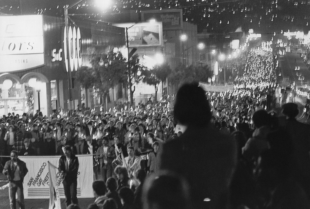 Mourners march down Market Street in a candlelight vigil following the assassination of Mayor George Moscone and Supervisor Harvey Milk  November 27, 1978