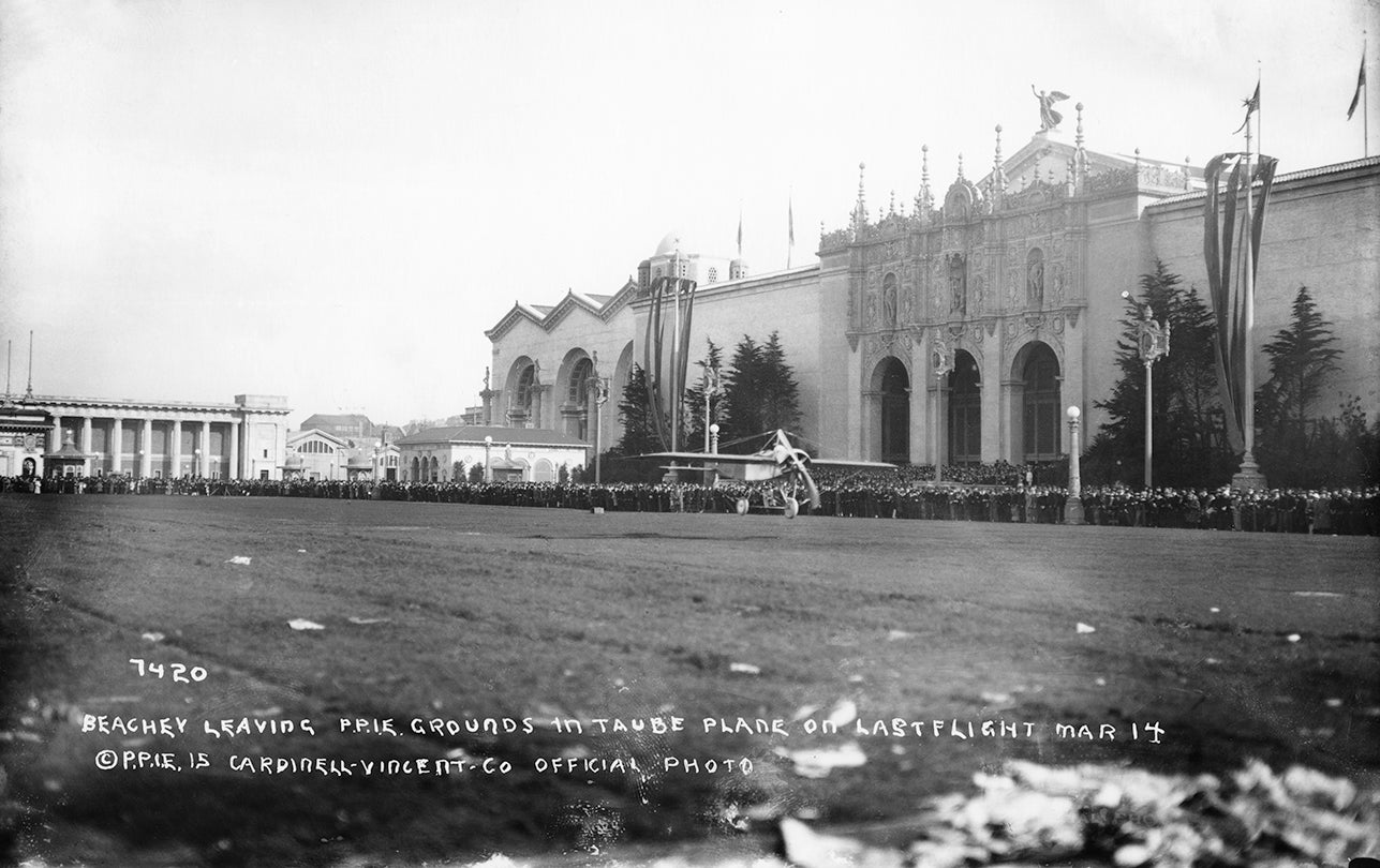Lincoln Beachey taking off from the North Gardens in his monoplane at the Panama-Pacific International Exposition, San Francisco  March 14, 1915
