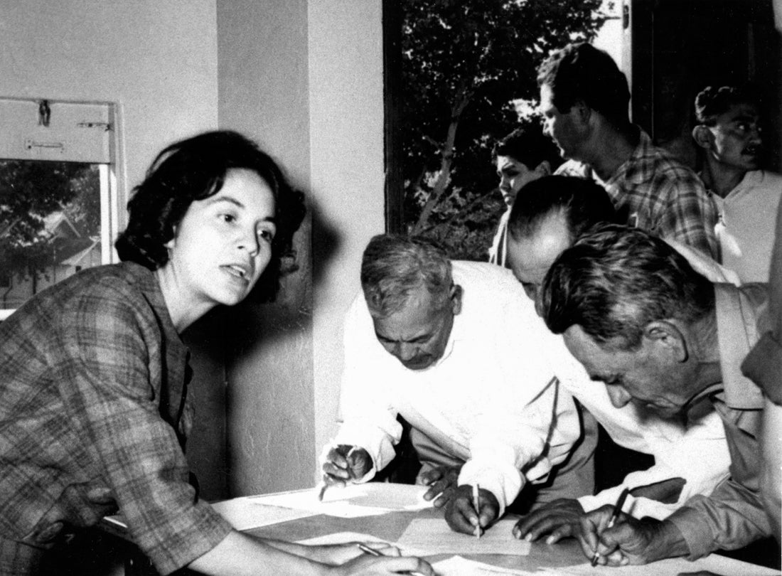 Dolores Huerta gathering signatures at the founding convention of the National Farm Workers Association Convention, Delano, California  