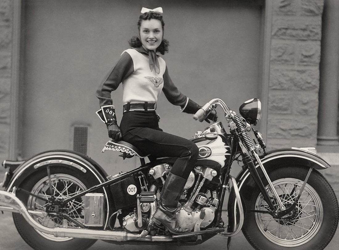 Dorothy “Dot” Smith of the San Francisco Motorcycle Club on her 1939 Harley-Davidson EL 1940