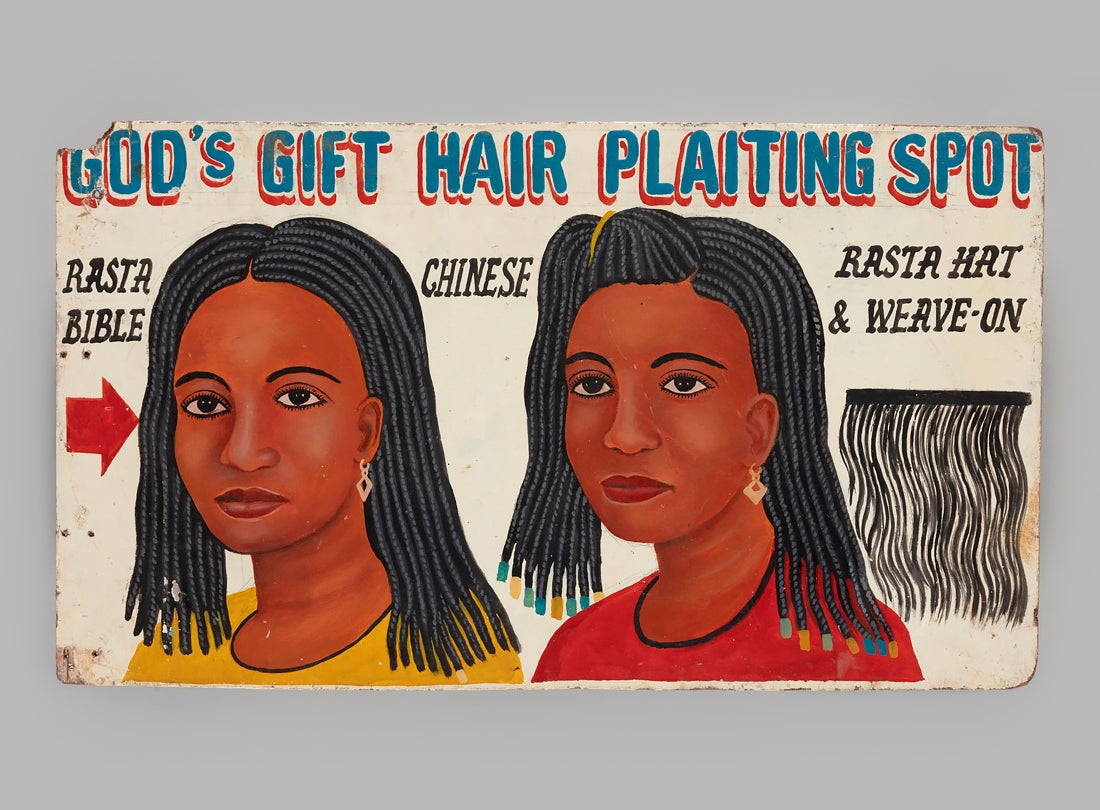  “God’s Gift Hair Plaiting Spot” double-sided sign  c. early 1990s