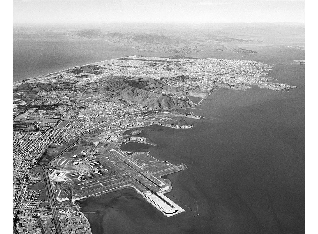 View of San Francisco International Airport (SFO), view facing north toward city of San Francisco  February 6, 1964