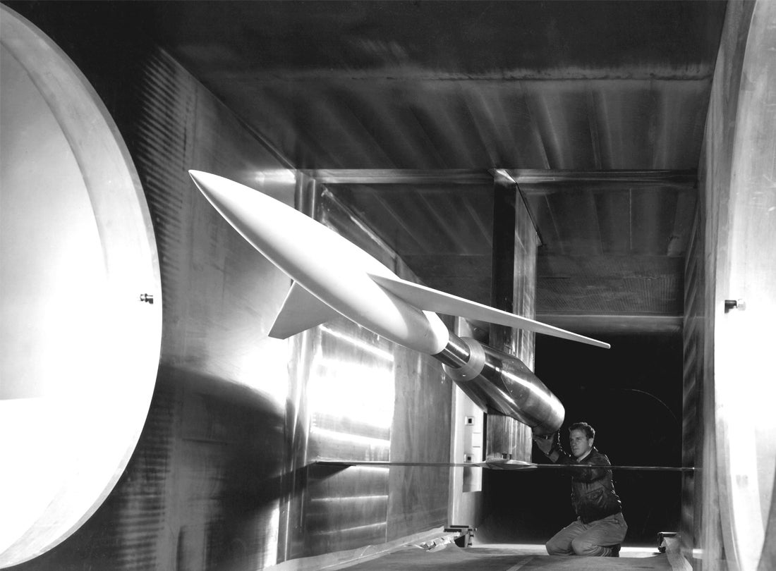 Swept-wing model mounted in the 6 x 6 supersonic wind tunnel  1948