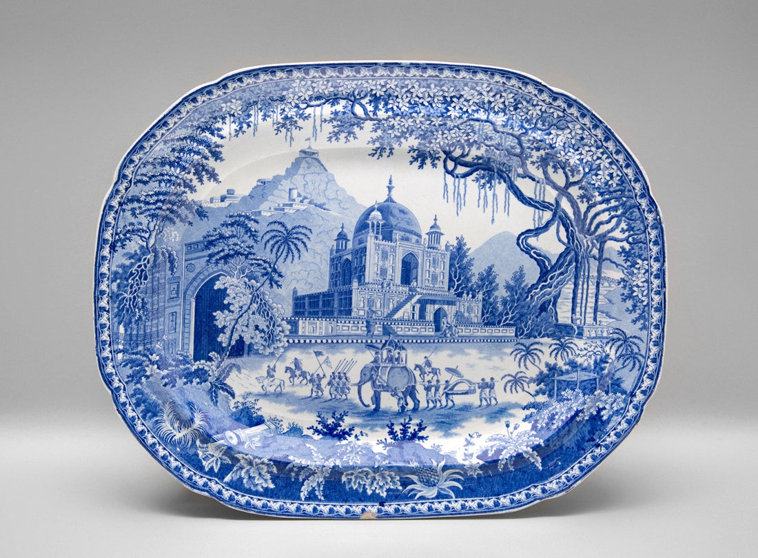 Platter, Mausoleum of Sultan Purveiz or Indian Procession pattern  c. 1810–30s