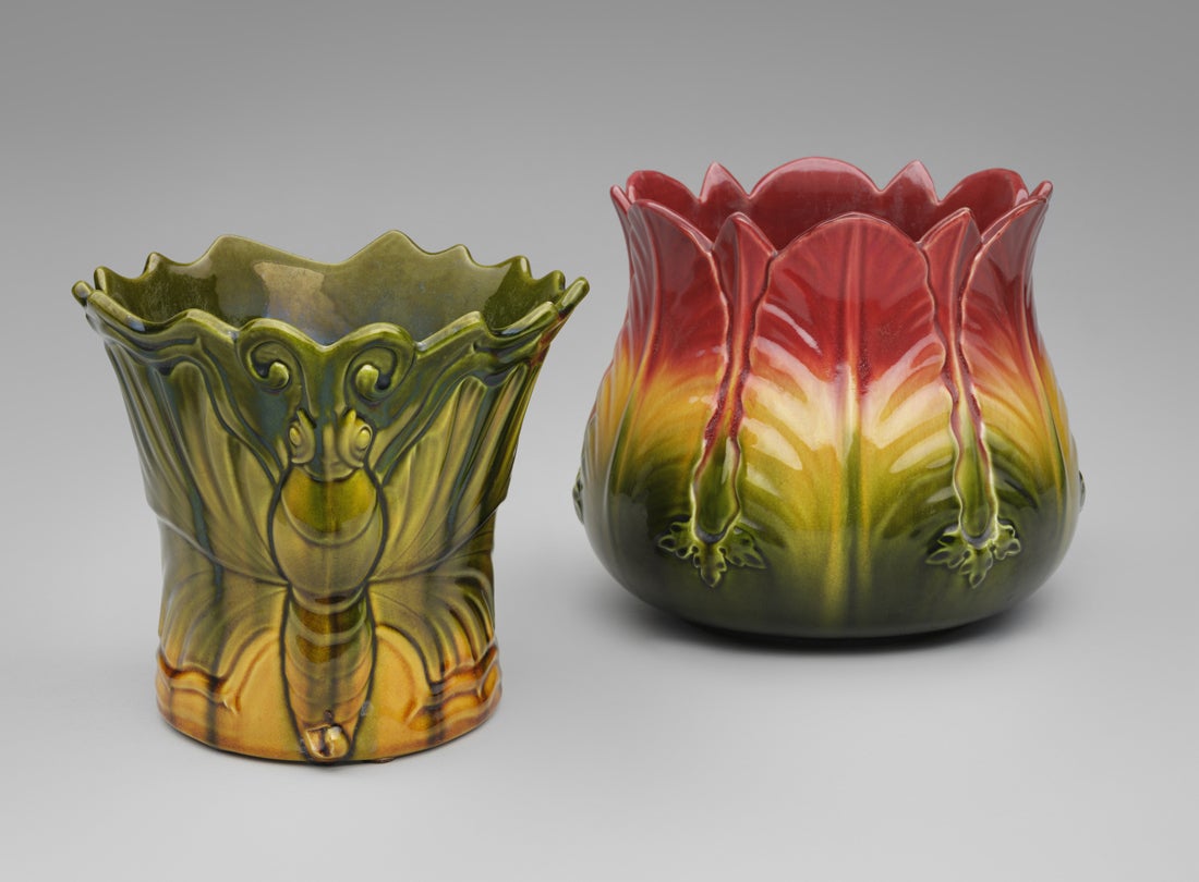 Stylized butterfly vase c. 1893 and Stylized leaves jardinière c. 1900