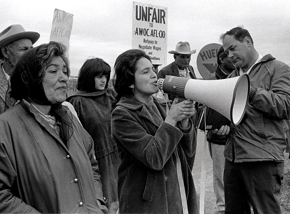 Dolores Huerta works the picket line in Delano