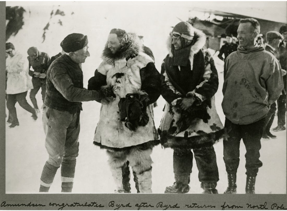 Roald Amundsen congratulates Richard E. Byrd at Spitzbergen after his flight over the North Pole  1926