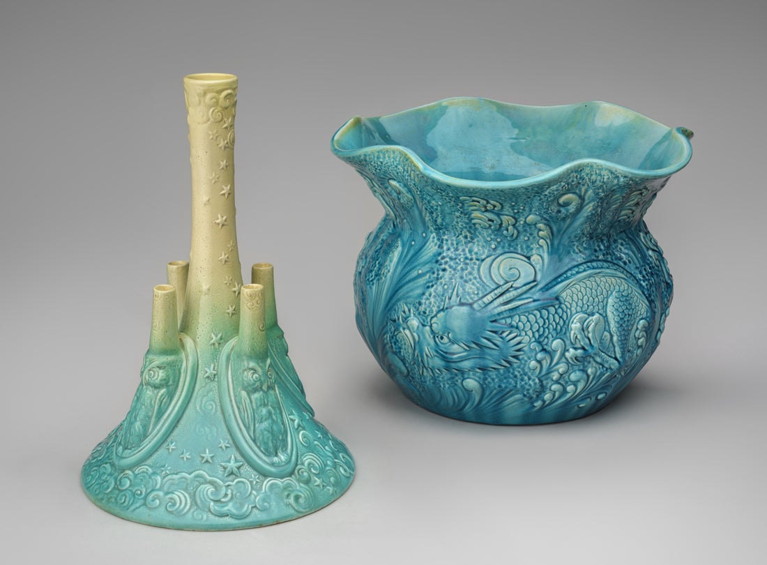 Owl vase c. 1890 and Dragon jardinière c. 1890