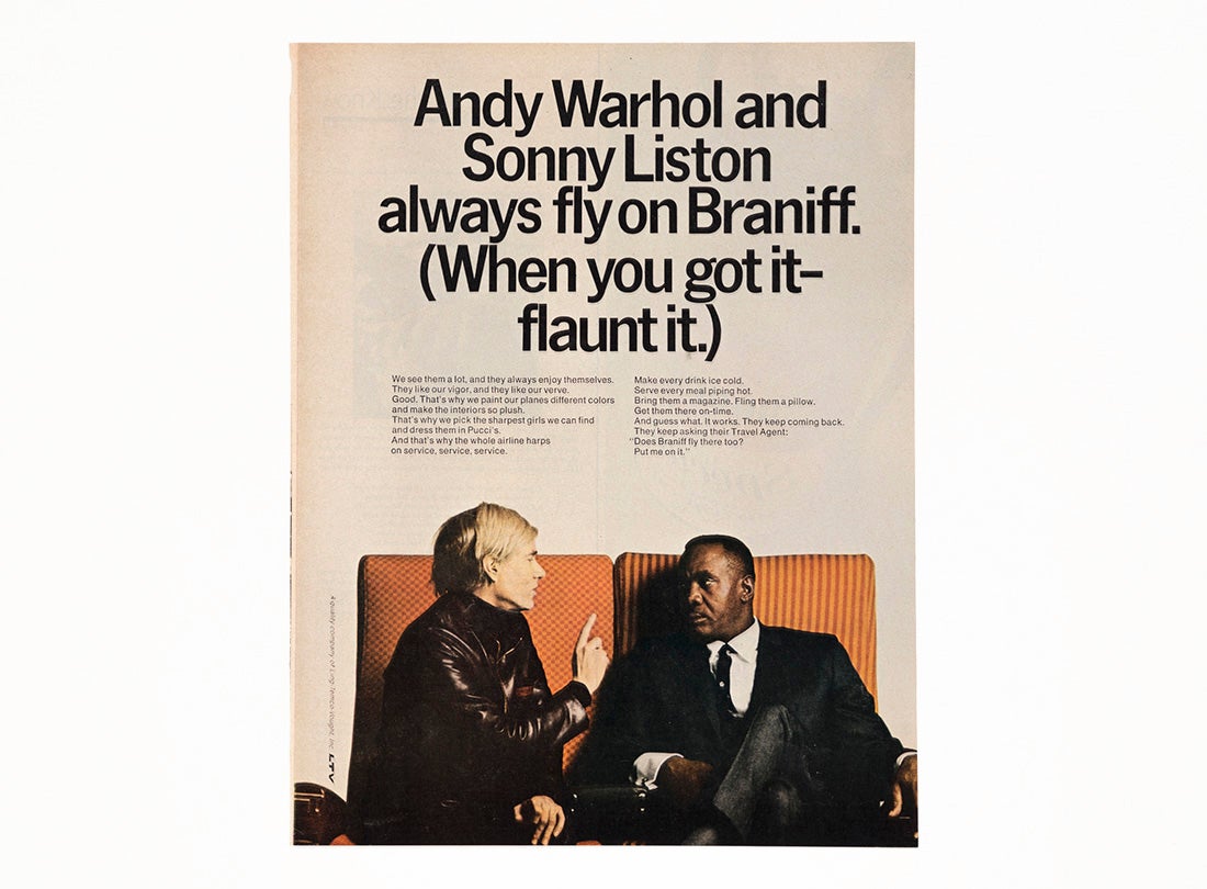 Andy Warhol and Sonny Liston fly on Braniff advertisement  1969