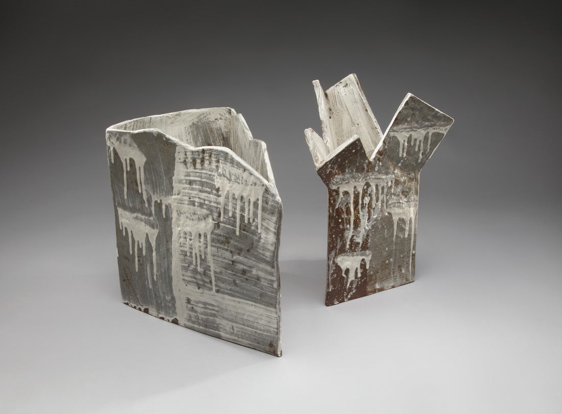 Mountain Dreams  1998 Yoon Kwang-cho (b. 1946) stoneware with white slip decoration over the glaze Private Collection L2014.1202.030  Kaos  2013 Yoon Kwang-cho (b. 1946) stoneware with white slip decoration over the glaze Private Collection L2014.1202.028
