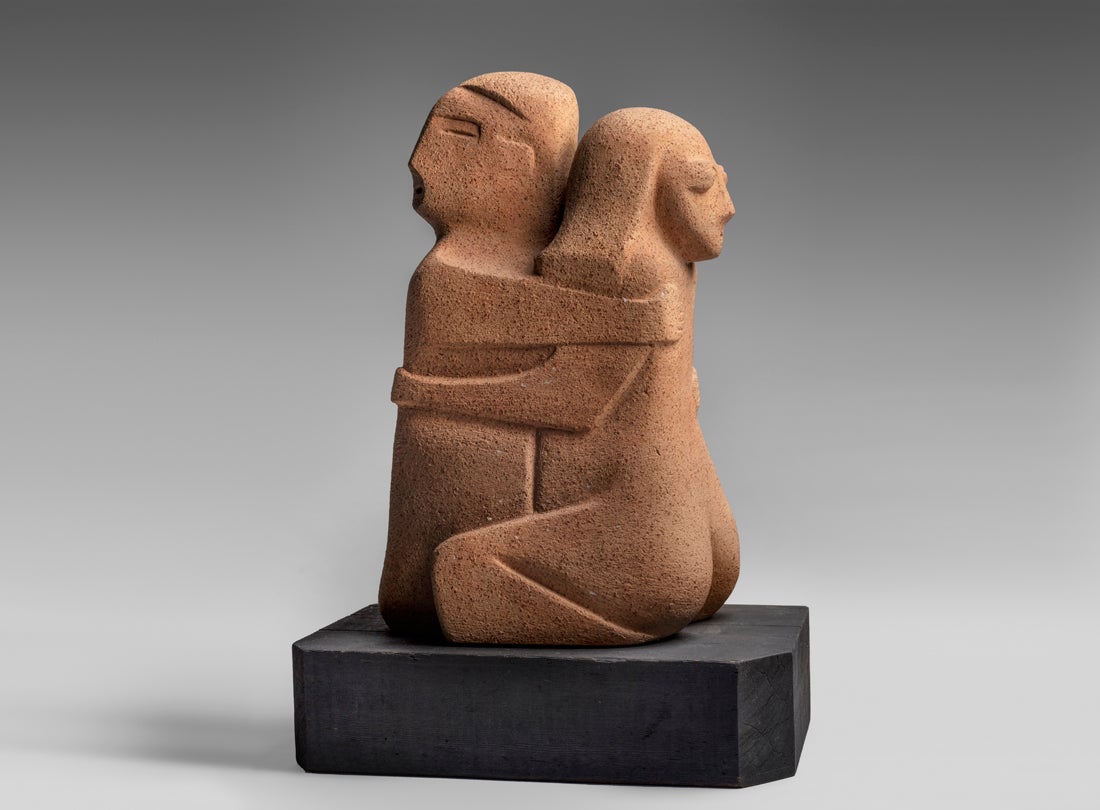 Two embracing figures  1949 Mary Fuller McChesney (1922–2022) Point Richmond, California terracotta, painted wood base Collection of Steve Cabella L2022.0601.003a–b