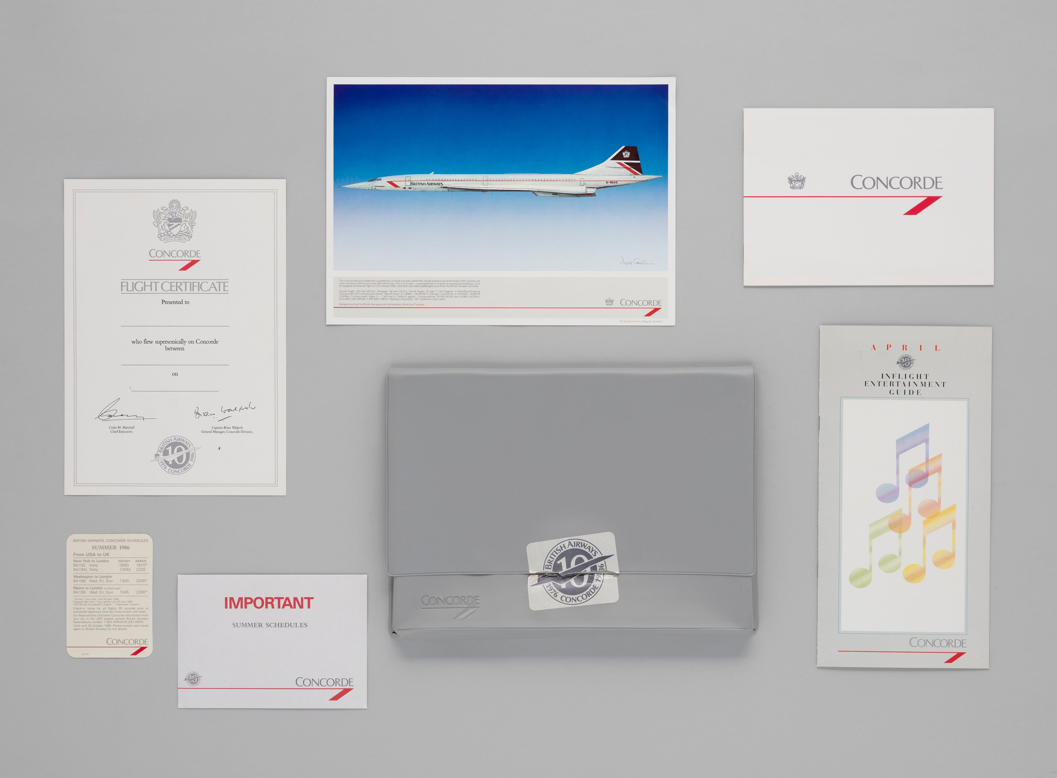 British Airways Concorde flight information packet portfolio, brochure, inflight entertainment guide, envelope, timetable card, and flight certificate  1986