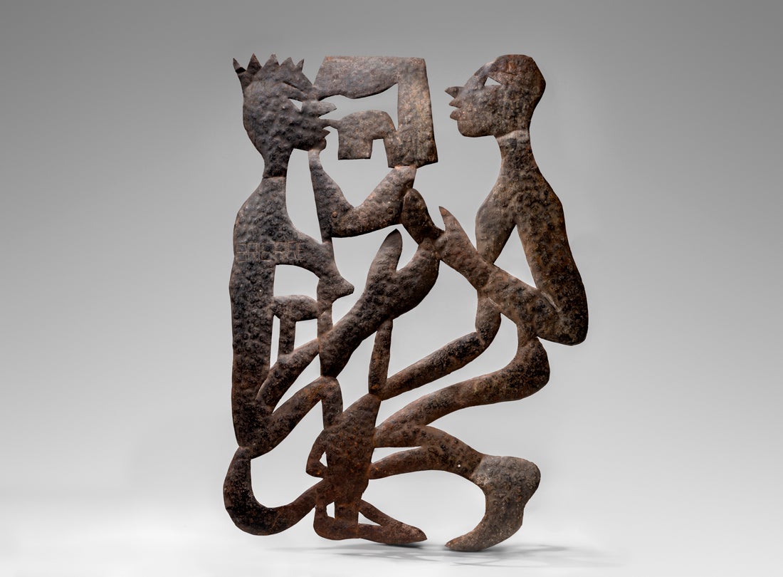 Entwined figures  c. 1960s Murat Brièrre (1938–88) Croix-des-Bouquets, Haiti recycled steel oil drum Courtesy of Indigo Arts Galley