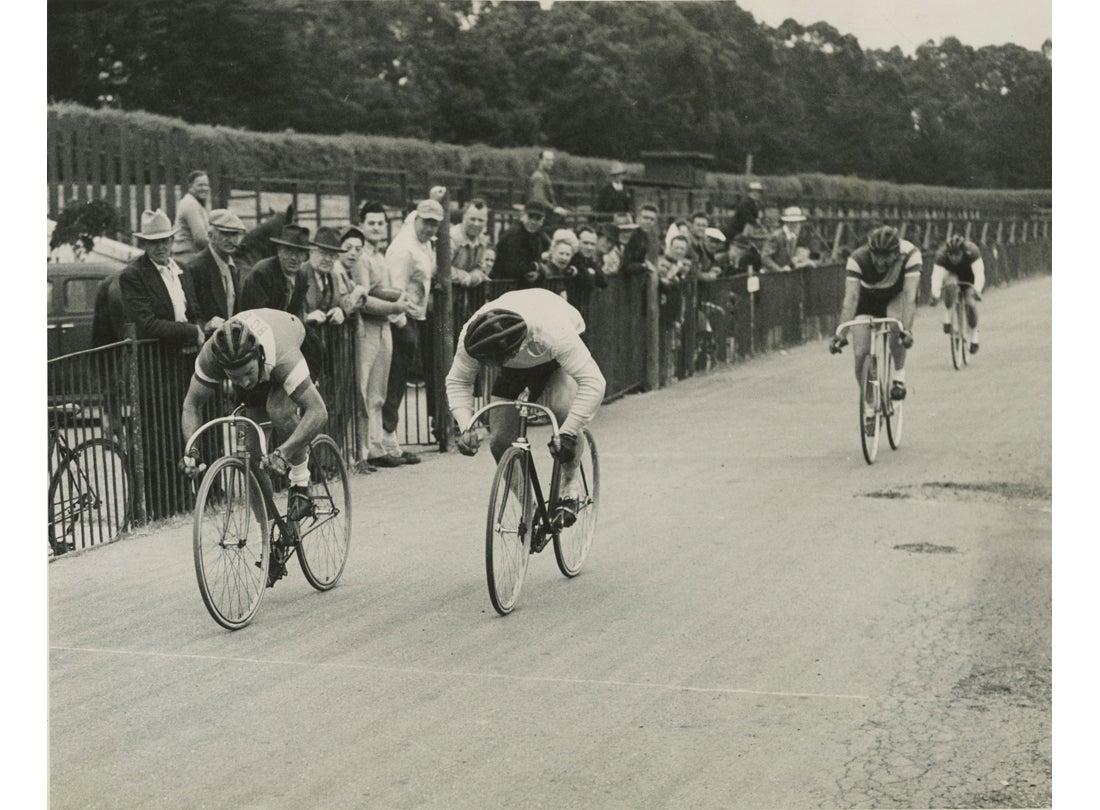 Getting set for the final sprint, Golden Gate Park Polo Field, San Francisco  late 1940s
