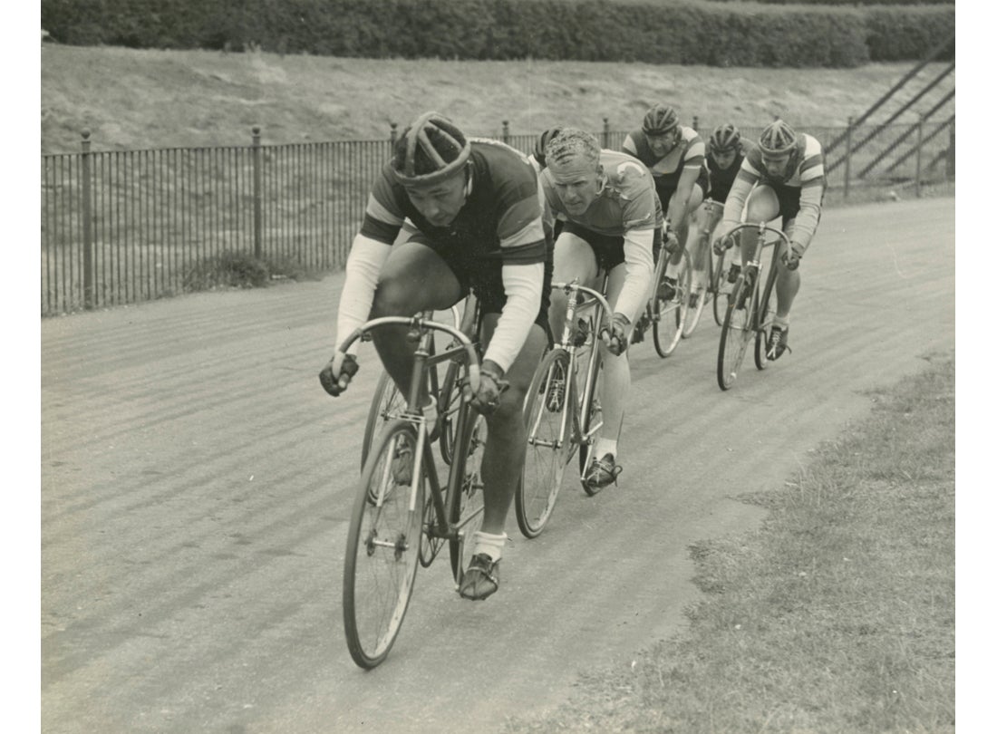 At tempo drafting through the turn, Golden Gate Park Polo Field, San Francisco 1950s