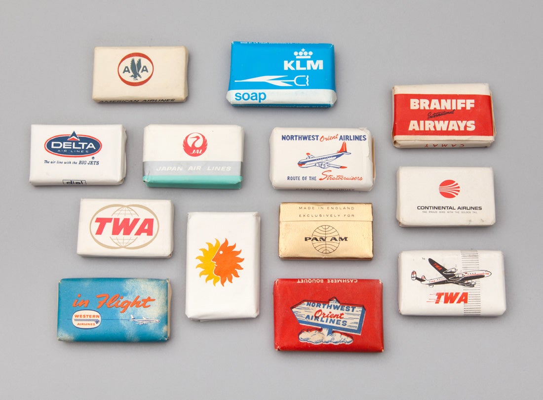 Northwest Orient Airlines, TWA (Trans World Airlines),  Pan American World Airways, Continental Airlines, American Airlines, Western Airlines, National Airlines, Braniff International Airways, Delta Air Lines, and  JAL (Japan Air Lines) inflight soaps  1940s–1970s