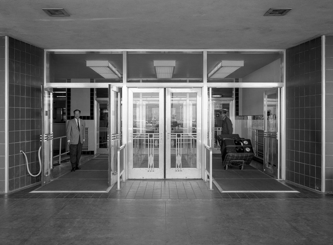 Automatic doors at entrance to San Francisco International Airport terminal building  1959
