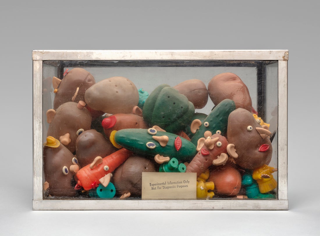 Not For Diagnostic Purposes  1982 Mickey McGowan (b. 1946) aquarium, toy figures, sand  Courtesy of Mickey McGowan, Unknown Museum Archives L2023.0301.088a-c