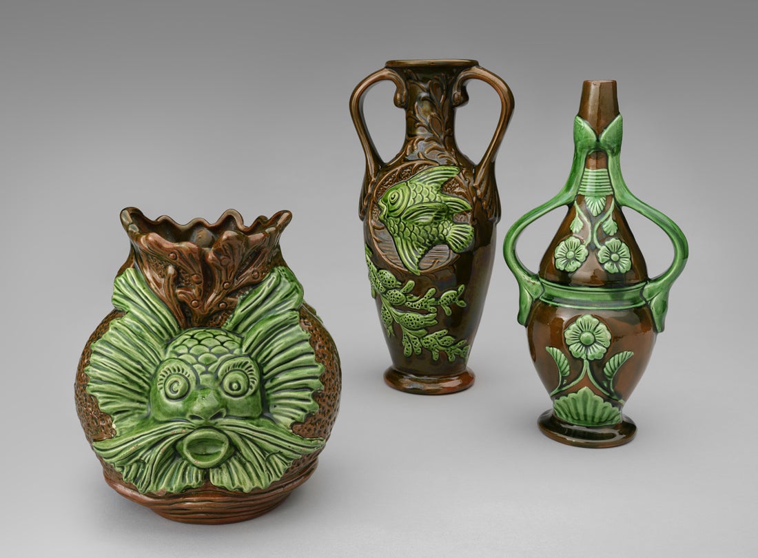 Anthropomorphic fish vase c. 1893, Two-handled baluster vase with fish and seaweed c. 1893, and Stylized flowers vase c. 1893