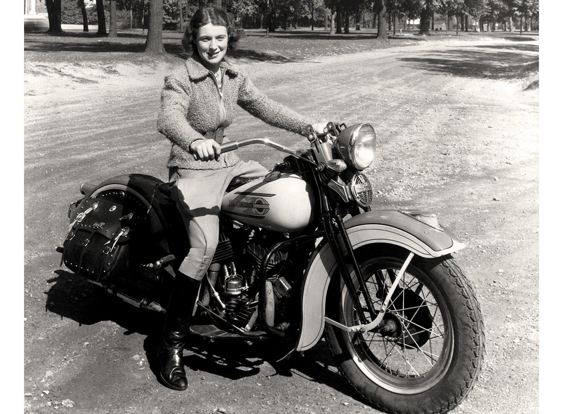 “First Lady of Motorcycling” Dorothy “Dot” Robinson on her 1937 Harley-Davidson ’45 1937