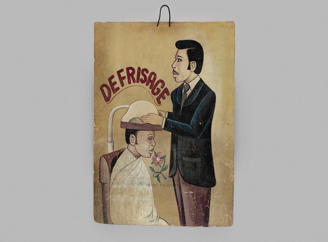 “Defrisage” hairdressing sign  c. late 1970s–early ’80s