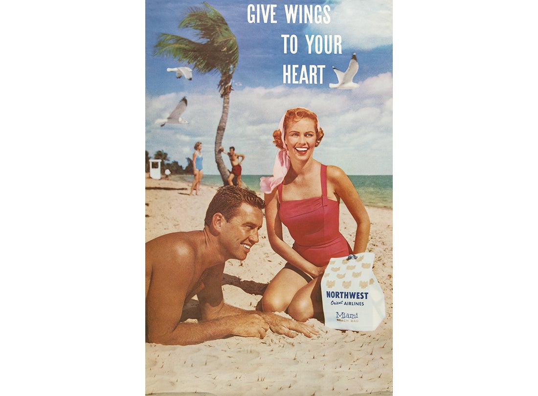 Northwest Orient Airlines Miami beach bag poster  1950s