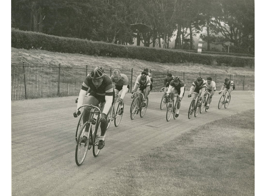 Riders jockey for position in the final sprint, Golden Gate Park Polo Field  San Francisco  1950s