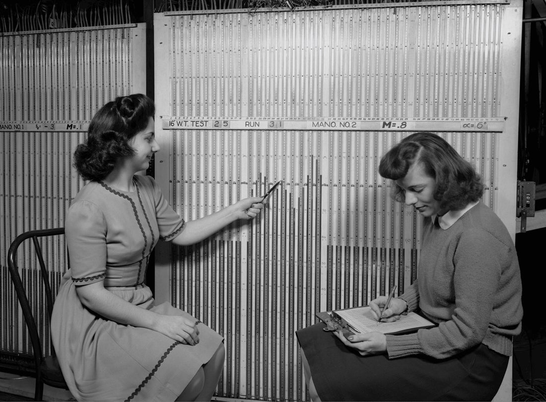 NACA Ames computers reading the manometer (pressure measurements) board for the 16 ft wind tunnel and calculating the test data  1943
