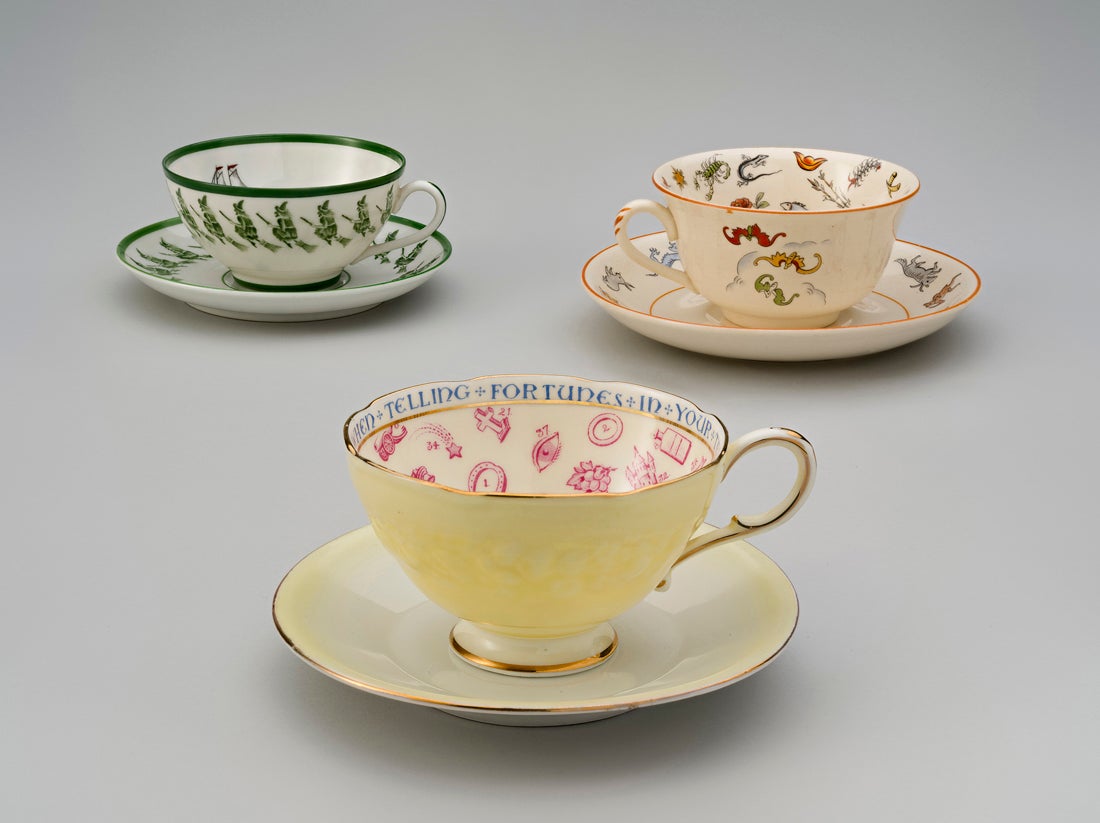 Flying witch fortune-telling teacup  late 19th century,  Fortune-telling teacup  1950s, Fortune-telling teacup  1931