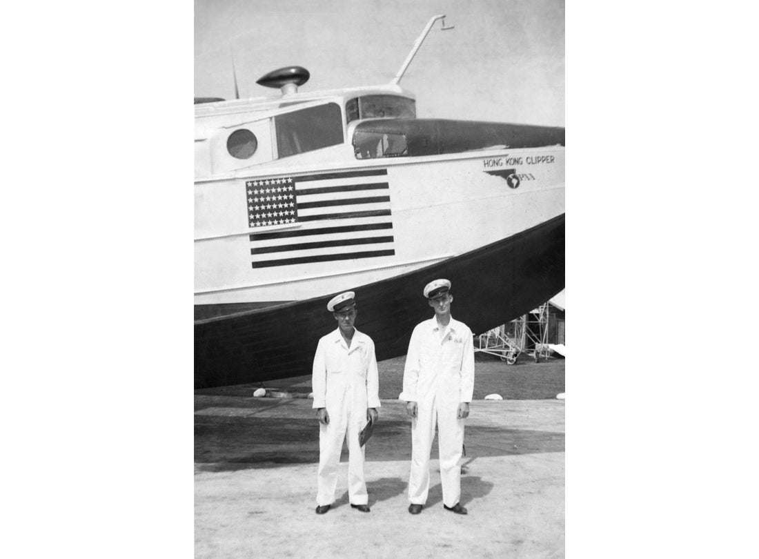 Chief mechanic Burns English and division assistant engineer G. W. Bill Taylor with Pan American Airways Sikorsky S-42 Hong Kong Clipper at Cavite, Philippines c. 1937 