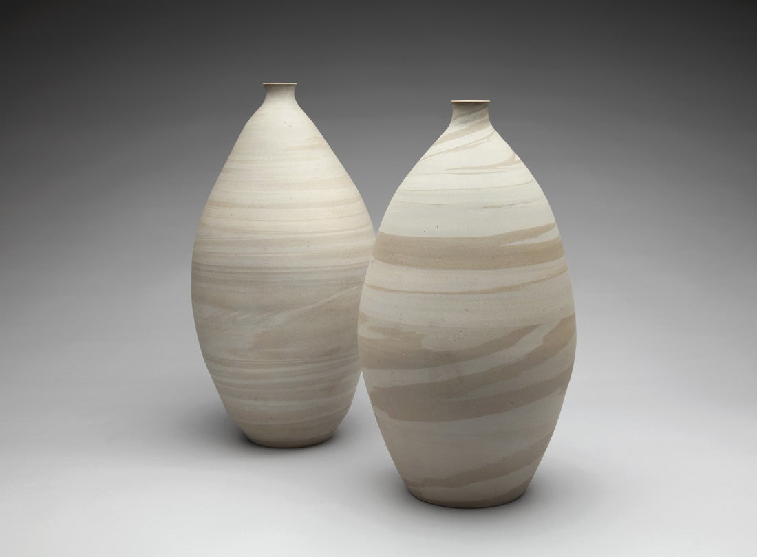 Yeollimun Vases  1979 Roe Kyung Jo (b. 1951) porcelain with marbled design Lent by the artist L2014.1203.009-.010