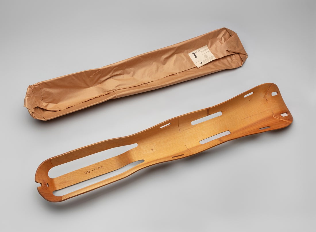 Model S2–1790 Leg Splint  1944 Designed by Ray (1912–88) and Charles Eames (1907–78)  Evans Products, Molded Plywood Division | Venice, California  Douglas fir, birch veneer, plastic resin, paper Courtesy of the Modern i Shop L2022.0601.019