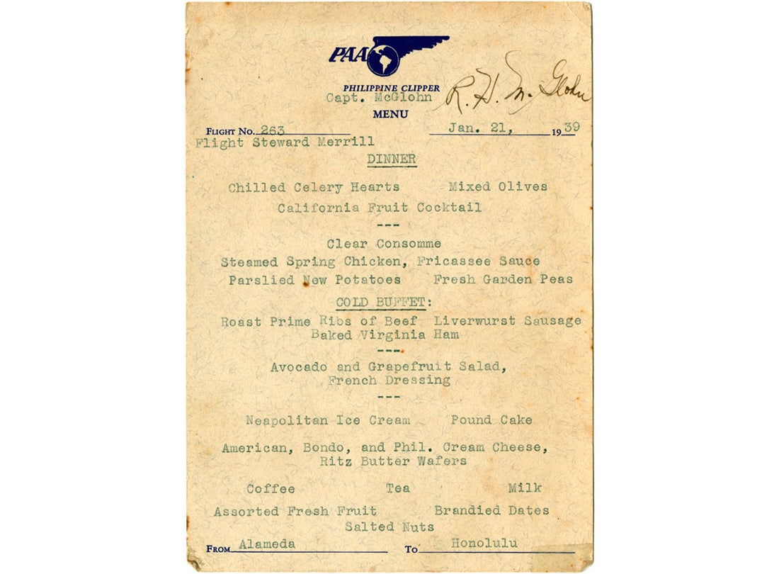 Pan American Airways in-flight menu 1939