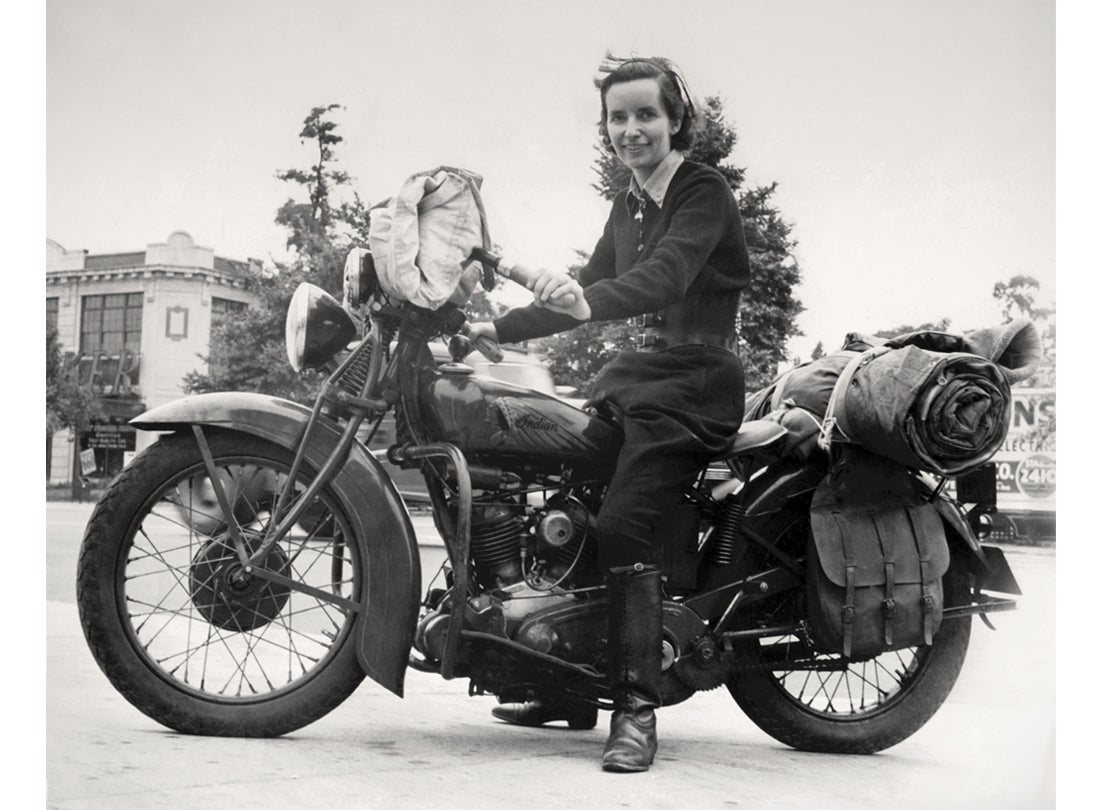 Linda Dugeau, co-founder of the Motor Maids, on her 1937 Indian Junior Scout  1937