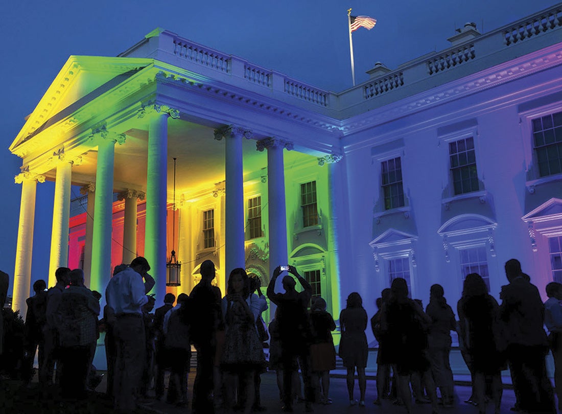The White House illuminated in celebration of the Supreme Court ruling legalizing same-sex marriage in the United States