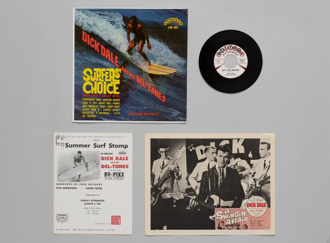 Surfers’ Choice  1962; “Let’s Go Trippin’/Del-Tone Rock”  1961; A Swingin’ Affair lobby card  1963; Summer Surf Stomp, Dick Dale and his Del-Tones  1964
