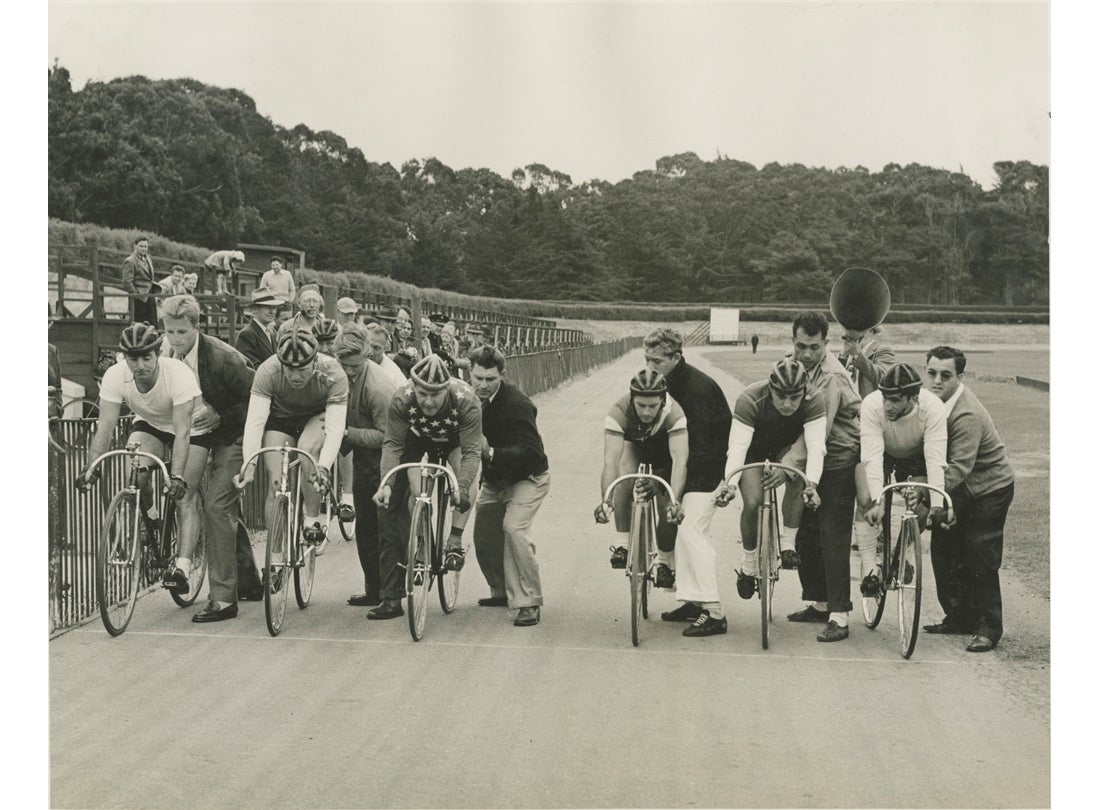 At the push off, getting ready for the starting push, Golden Gate Park Polo Field, San Francisco  1950s