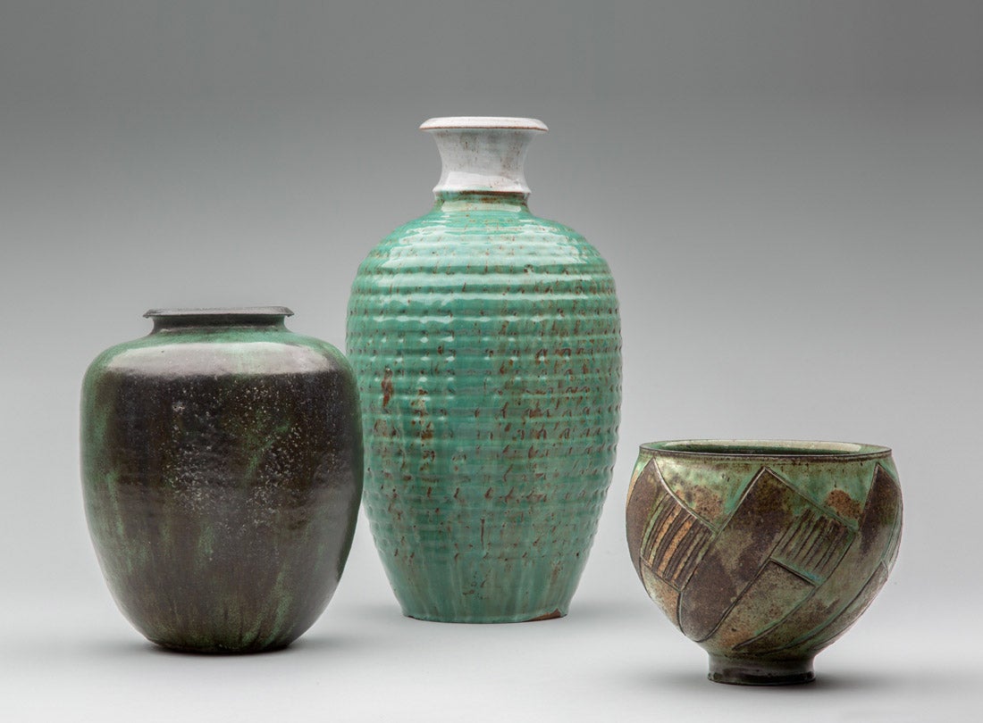 Vase  c. 1940s–50s, Textured vase  mid-1960s, Footed bowl  c. 1965