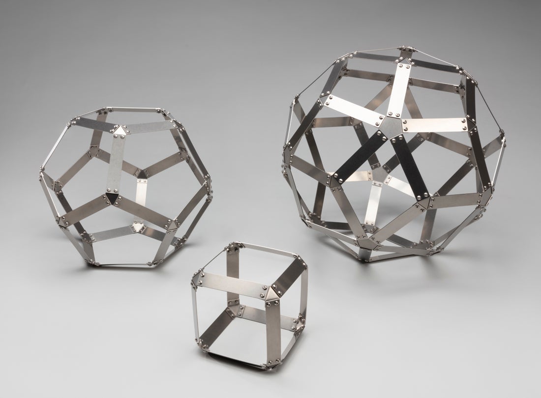 Dodecahedron, Hexahedron, and Rhombic Triacontahedron sculptures  c. 2019