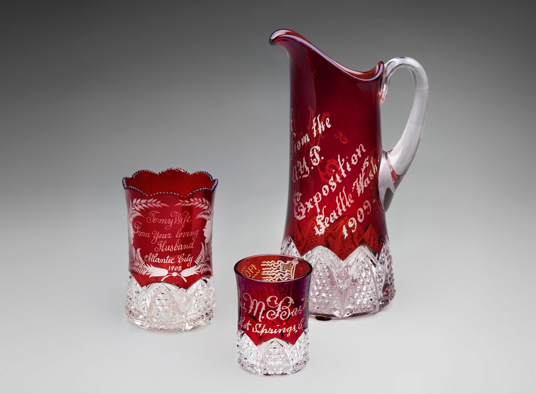Atlantic City glass, Alaska-Yukon-Pacific Exposition pitcher, Hot Springs, South Dakota glass