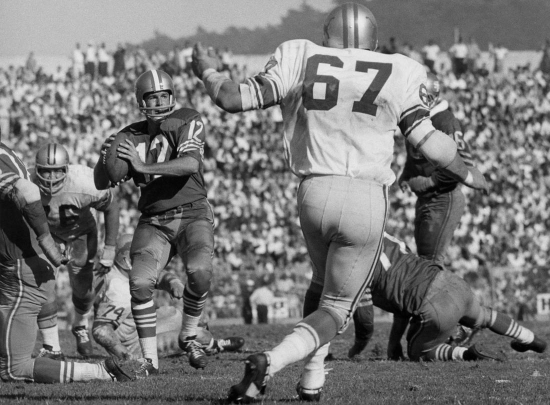 Quarterback John Brodie prepares to pass during a 27-24 victory over the Detroit Lions at Kezar Stadiu
