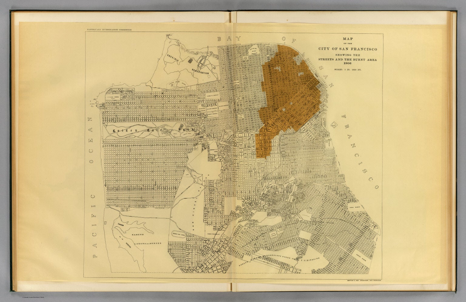 Atlas of Maps and Seismograms Accompanying the Report of the State Earthquake Investigation Commission: Map of the City of San Francisco Showing the Streets and the Burnt Area  1906