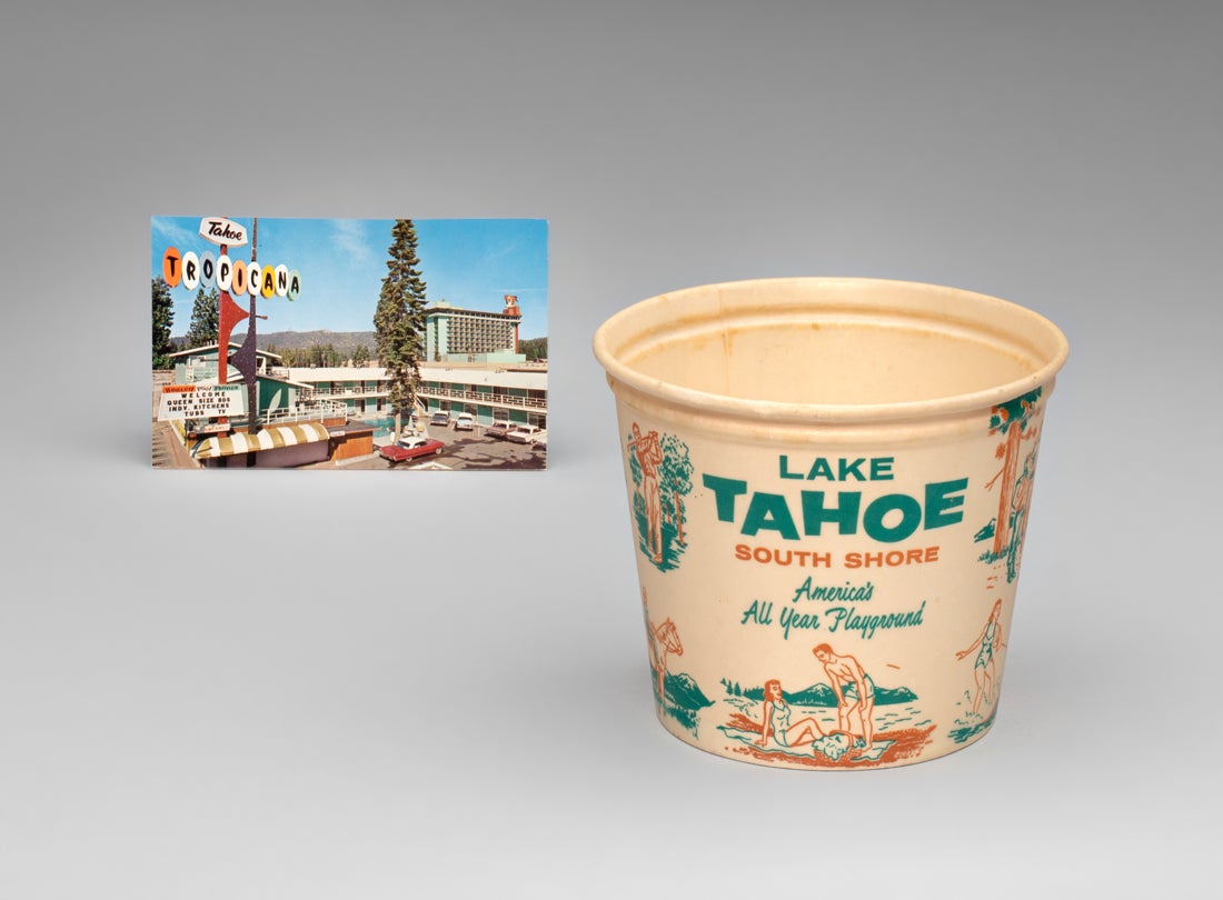Tahoe Tropicana postcard  c. 1950s–60s, Lake Tahoe South Shore ice bucket  c. 1950s–60s
