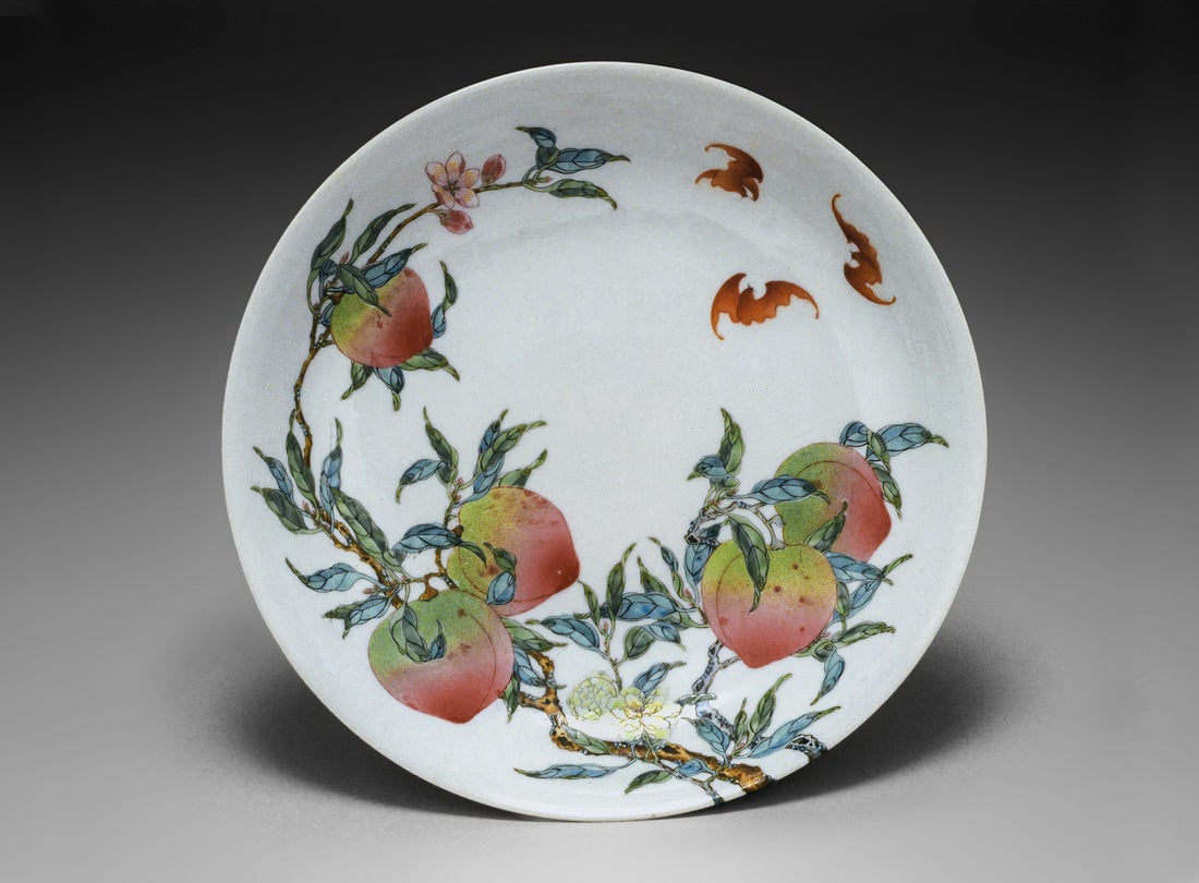 Plate with eight peaches and five bats