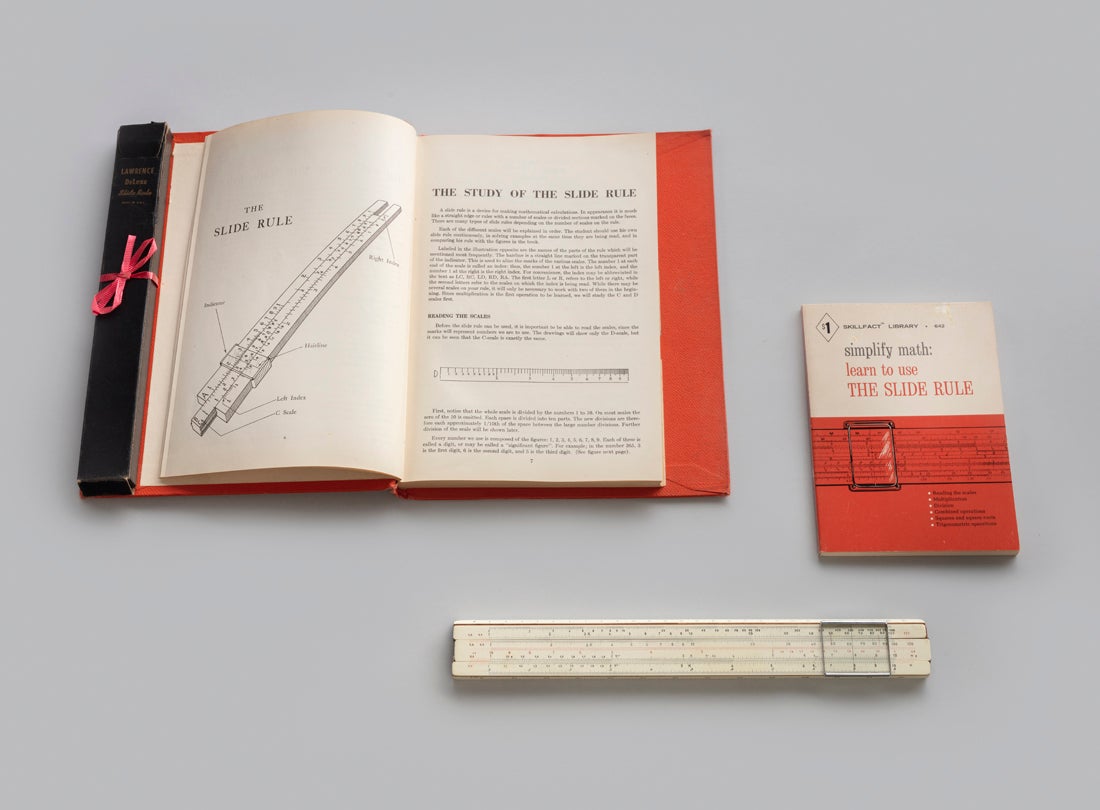 Lawrence 10-B Slide Rule with The Slide Rule and How to Use It book  1942/43 ; Rietz 23R slide rule  1940; Simplify Math: Learn to Use the Slide Rule  1966 